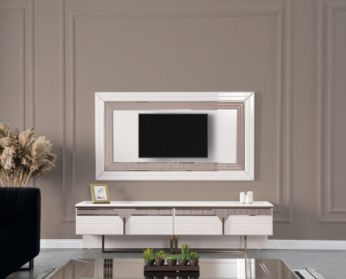 Wohnwand TV Ständer Wandpanel RTV Lowboard Weiß Holz Sideboard Moderne