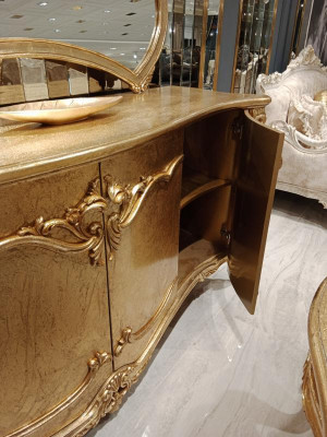 Klassisch Esstisch + 6x Stühle + Anrichte mit Spiegel Gold Holz Kommode Neu