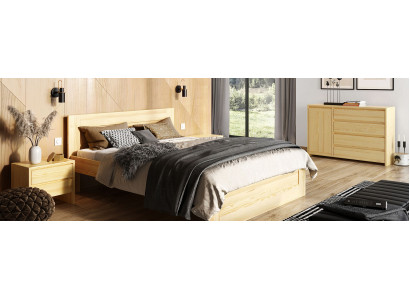 Schlafzimmer 3tlg. Set Echtes Holz Bett mit 2x Nachttische 180x200cm Massivholz