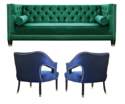 Grün Sofagarnitur 3tlg Set Couch Garnituren Sitz Polster Chesterfield Set Samt