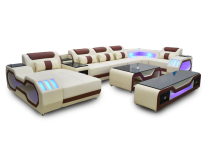 Wohnzimmer set Ecksofa U-Form beige Couchtisch TV Ständer Polster Beleuchtet