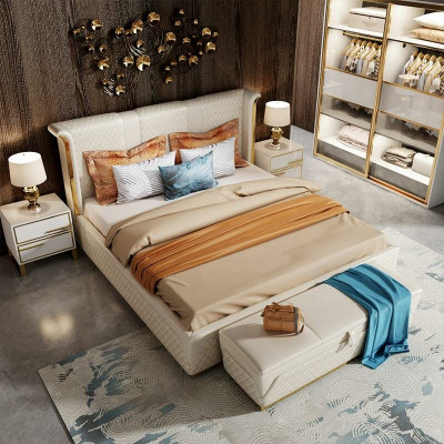 Doppelbett Klassisches Bett Designer Polster Betten Gestell Textil Leder Weiß
