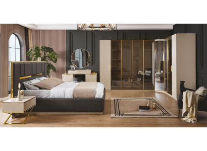 Elegant Schlafzimmer Set 6tlg luxuriös Beige Möbel Holz Eckschrank Nachttisch
