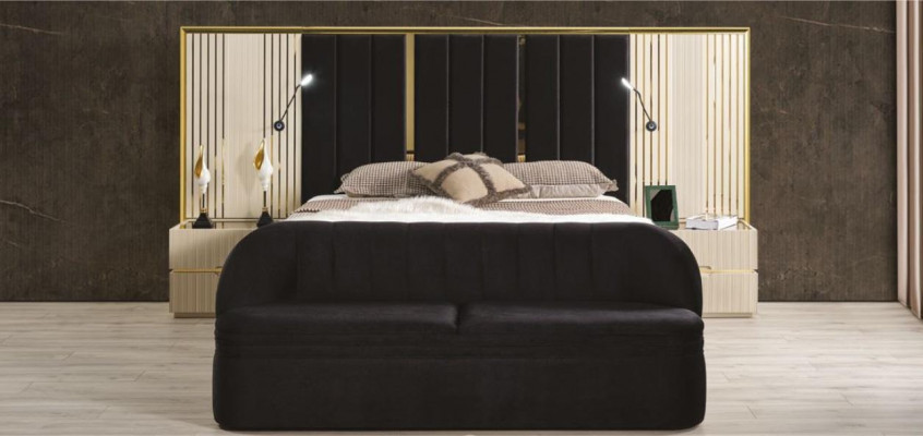 Schlafzimmer Set von 4tlg luxuriös Holz Möbel Elegant Schrank Nachttisch Hocker