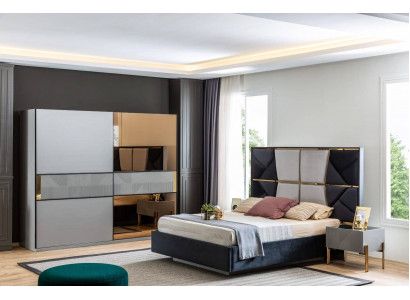 Modernes Schlafzimmer Set Designer Bett 2x Nachttische Kleiderschrank