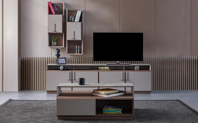 Gruppe Wohnzimmer TV Ständer Wandschränke Lowboard Grau Sofatisch 3tlg