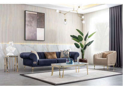 Moderne Blau-Beige Sofagarnitur Designer 3+1 -Sitzer Luxus Wohnzimmer Sessel