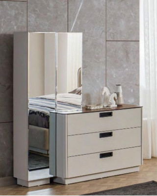 Beige Schlafzimmer Möbel Textilbett Holz Schminktische 2x Nachttische