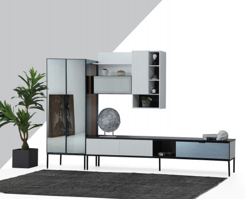 Wohnwand TV Ständer RTV Lowboard Vitrine Holz Modern Weiß Wohnzimmer