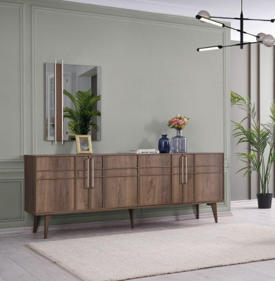 Garnitur Sideboard mit Spiegel Kommode Holz Braun Esszimmer