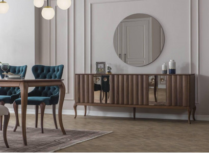 Braune 4-türige Anrichte Luxuriöser Spiegel Esszimmer Holz Möbel 2tlg