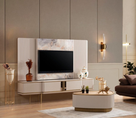Weißes Lowboard Mit TV-Rahmen Wohnzimmer Designer Möbel Edelstahlrahmen