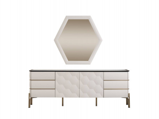 Moderne Esszimmer Garnitur Designer Weißes Sideboard Großer Spiegel 2tlg