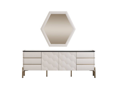 Moderne Esszimmer Garnitur Designer Weißes Sideboard Großer Spiegel 2tlg
