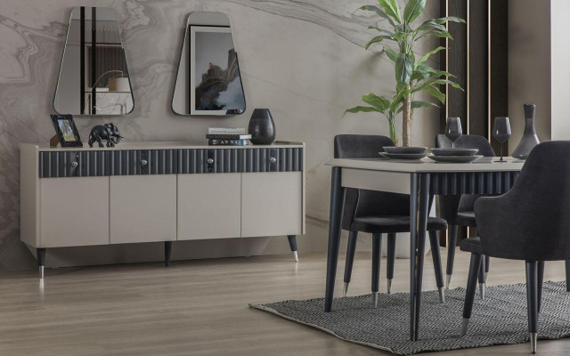 Komplette Garnitur Designer Beige Anrichte Sideobard 2x Spiegel 3tlg Set