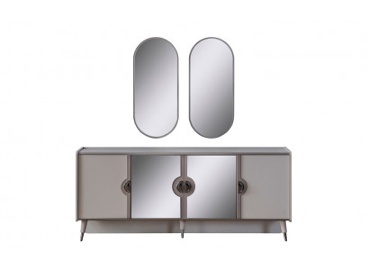 Graue Möbel Garnitur Designer 4-türiges Sideboard Exklusive Spiegel 3tlg