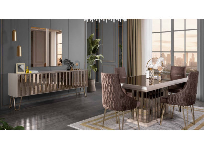 Designer Braun Esszimmer Garnitur Essgruppe Esstisch 4x Stühle 7tlg neu