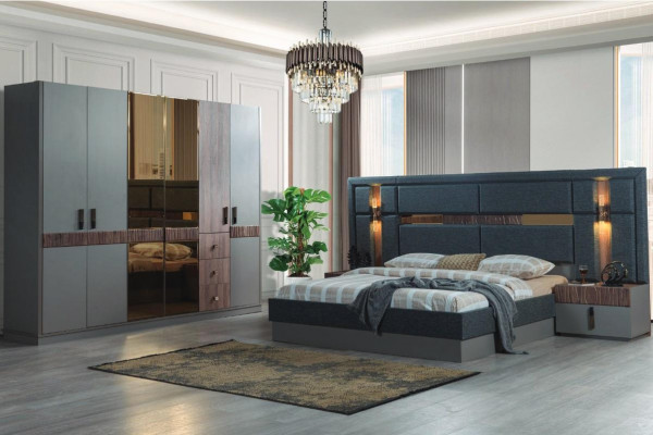 Graues Schlafzimmer Komplettes Set Bett 2x Nachttische Kleiderschrank