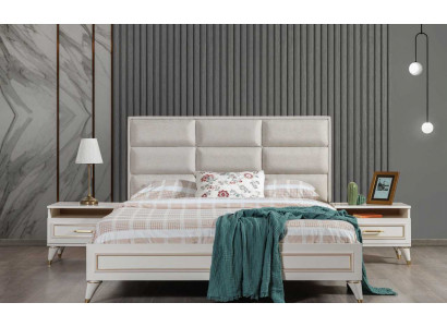 Weiße Schlafzimmer Garnitur Polster Doppelbett 2x Holz Nachttische 3tlg