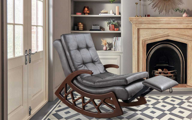 Exklusiver Grauer Schaukelstuhl Wohnzimmer Relax Möbel Holzgestell Neu