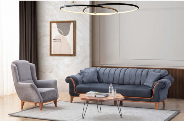 Blau-Graue Wohnzimmer Sitzgarnitur Stilvoller 3-Sitzer Luxus Sessel 2tlg