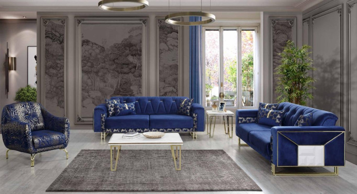 Luxus Blaue Sofagarnitur Designer Dreisitzer Couchtisch Beistelltisch