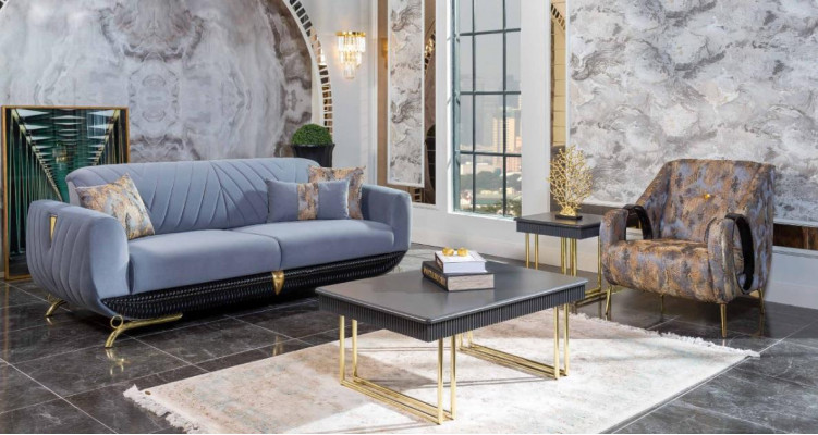  Moderne Polster Wohnzimmer Möbel Designer Blauer Dreisitzer Sessel 4tlg