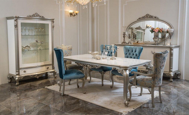 Esszimmer Set Garnitur Vitrine Tisch 6x Stuhl Kommode Spiegel Art déco 10tlg