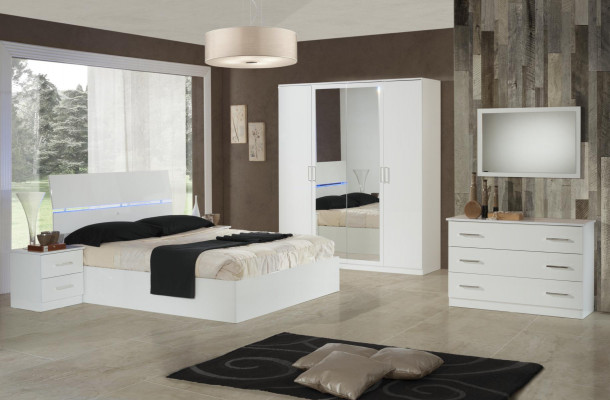 Doppelbett Bett 2x Nachttische Holz Design Betten Modern Stil 3tlg. LED Licht