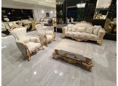 Sofagarnitur 311 + Couchtisch Holz Wohnzimmer Luxus Sofa Chesterfield Stoff Neu