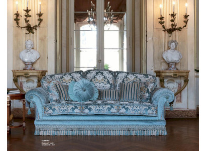 Dreisitzer Sofa 3 Sitzer Sofas Stoff Luxus Holz Wohnzimmer Möbel Blau