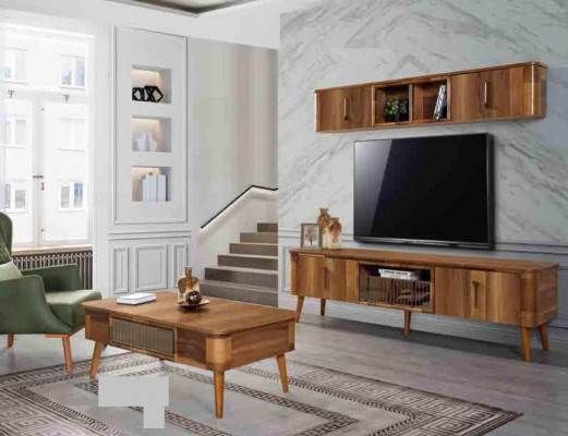 rtv tv Sideboard Leder Holz Tisch Fernseh Schrank Tisch Design Low 2tlg. Set Neu