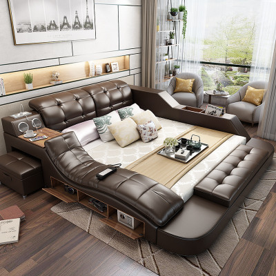 Doppel Luxus Leder Bett + USB Polster Betten Moderne Hotel Multifunktion massage