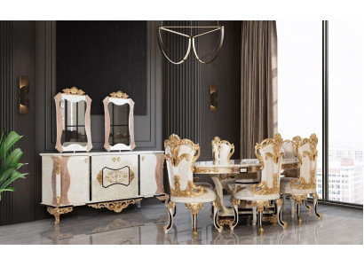 Luxus Esszimmer Set 9 tlg. Esstisch + 6x Stühle + Anrichte mit Spiegel weiß Neu