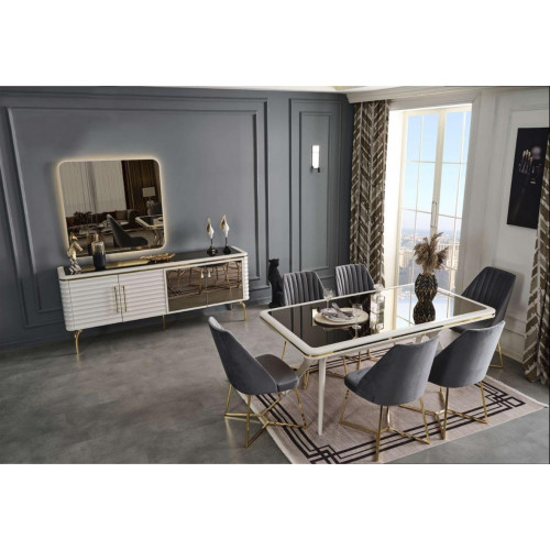 Weiß-Graue Esszimmer Garnitur Holztisch 6x Textil Stühle Sideboard 9tlg