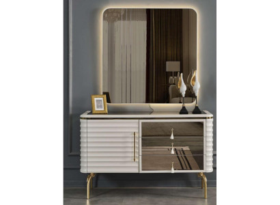 Stilvolle Weiße Kommode Mit Rundem LED-Spiegel Schlafzimmer Set 2tlg