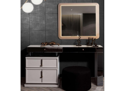 Weißer Schminktisch Designer Rechteckiger Spiegel Polsterhocker 3tlg Set