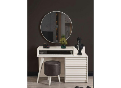 Weißer Schminktisch mit Schubladen Rundsessel Konsole Luxus Polsterhocker 3tlg