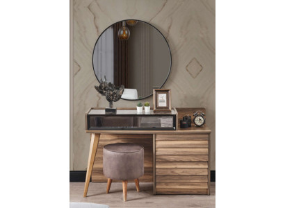 Brauner Holz Schminktisch mit Rundspiegel Designer Schlafzimmer 2tlg Set Konsole