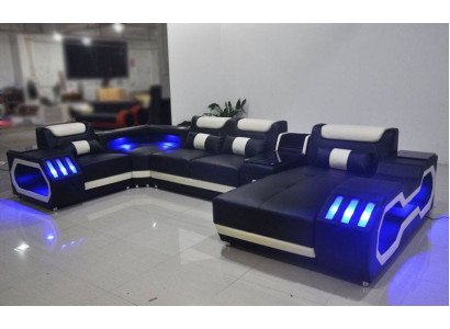 Leder Wohnlandschaft Eckcouch Designer Sofa Ledersofa Couch - USB - SOUND BOXEN