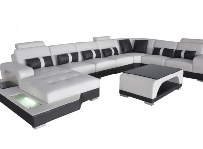 Leder Sofa mit USB Moderne Sitz Couch Polster Eck Couchen Wohnlandschaft + Tisch