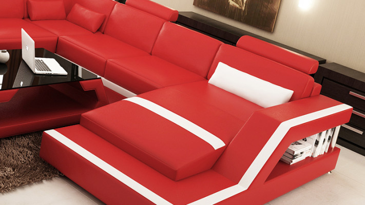 Design Leder Wohnlandschaft Eck Sofa Moderne Garnitur Couch Ecke Rot USB + LED