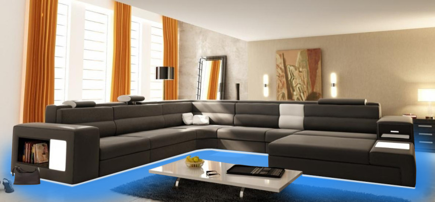 Design Sofa Couch Sitz Leder Eck Polster Garnitur Wohnlandschaft Ecksofa A1 Blau