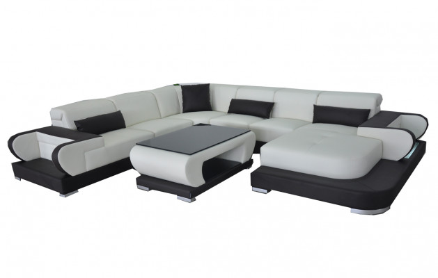Couch Ecksofa mit USB Leder Wohnlandschaft Garnitur Design Modern Sofa +Tisch