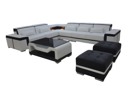 Leder Sofa mit USB Polster Eck Couch Garnitur Wohnlandschaft Tisch Hocker