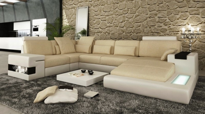 Ecksofa mit USB & LED Wohnlandschaft Sofa Polster Couch Garnitur U Form Leder