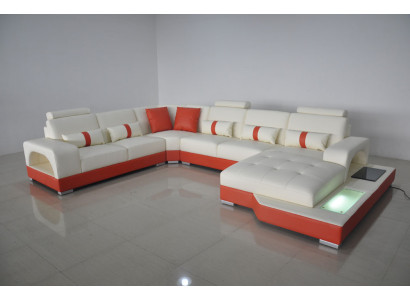 Ecksofa Leder Sofa Couch Polster Eck Sitz Wohnlandschaft U-Form Cream Orange Neu