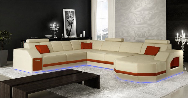 Wohnlandschaft Ledersofa Couch Ecksofa Eck Garnitur Design Modern Sofa mit USB