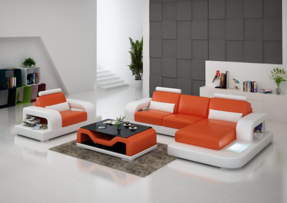 Ledersofa Couch Wohnlandschaft Eck + Sessel Garnitur Design Modern Sofa mit USB