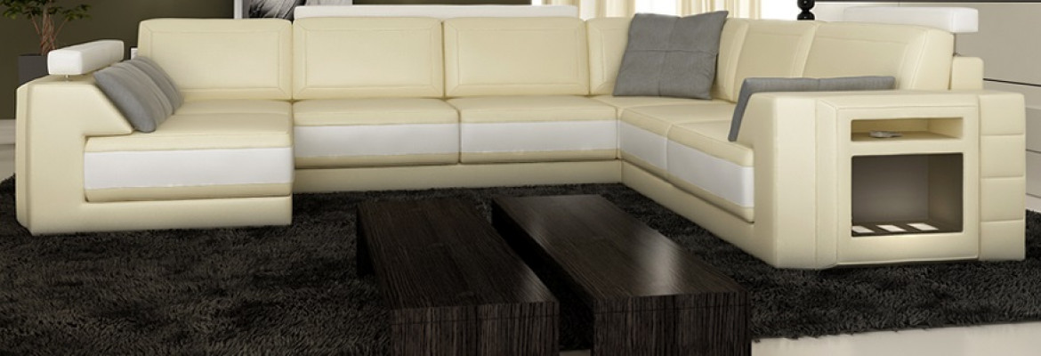 Designersofa mit USB Ecksofa Couch Ledersofa Polster Sitz Eck Garnitur +Licht